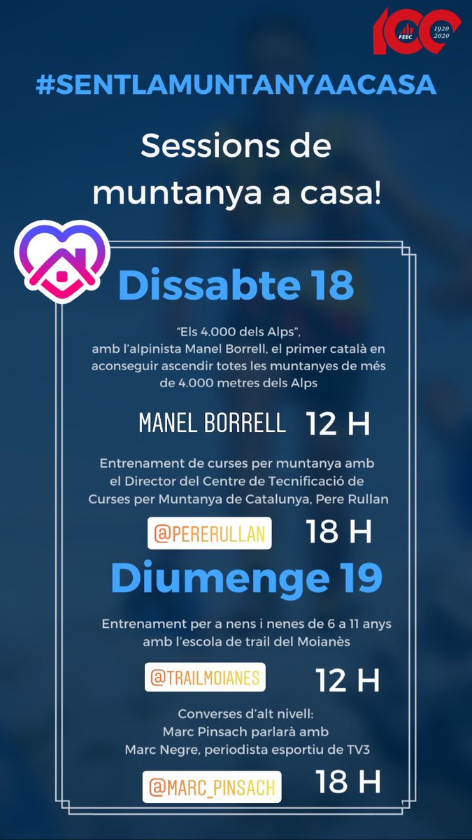FEEC_cat's tweet photo. Va, que ja és diumenge!

Entrenament per als més menuts i tota la família amb l’escola @TrailMoianes 
🕛 12 h

Converses d’alt nivell: @pinsachmarc parla amb @marcnegre, periodista esportiu de @tv3cat
🕕 18 h

📲 Instagram Live FEEC

#Sentlamuntanyaacasa #joemquedoacasa #JoActuo https://t.co/HLUxU1DsAm