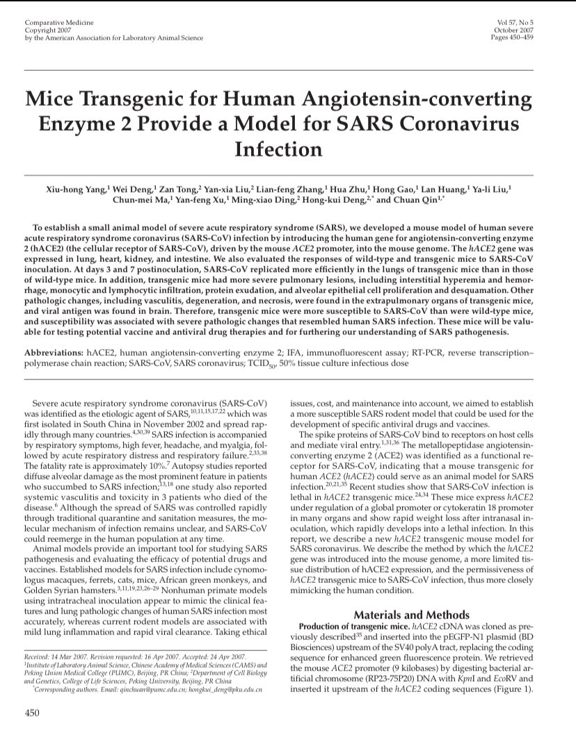 In October 2007,Chinese scientists published a paper in Journal ‘American Association of Laboratory Animal Sciences’ where they claimed to have introduced a human ACE2 (hACE2) gene into mouse & infected them with Sars COV & found virus replicated for efficiently with lung damage.