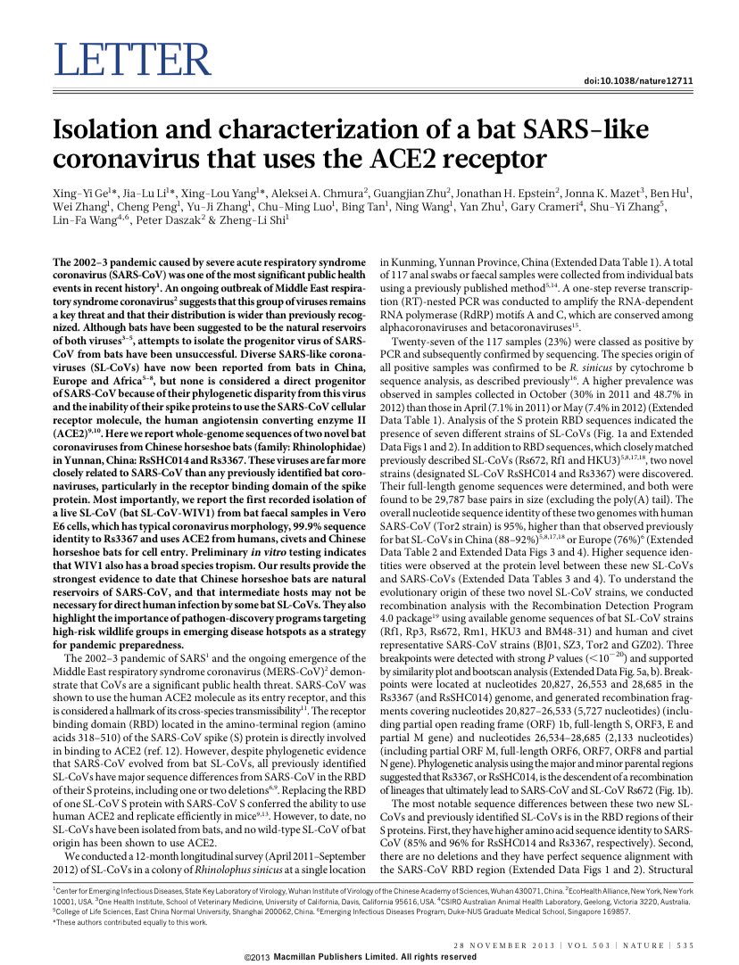 Here in 2013 paper again by Shi Zhengli in the Nature, they talk of finding that two Bat Coronavirus with ACE2 receptors which mimic human Sars-CoV and make receptors bind more efficiently to S Protien. Making it easier for human transmission without an immediate host.
