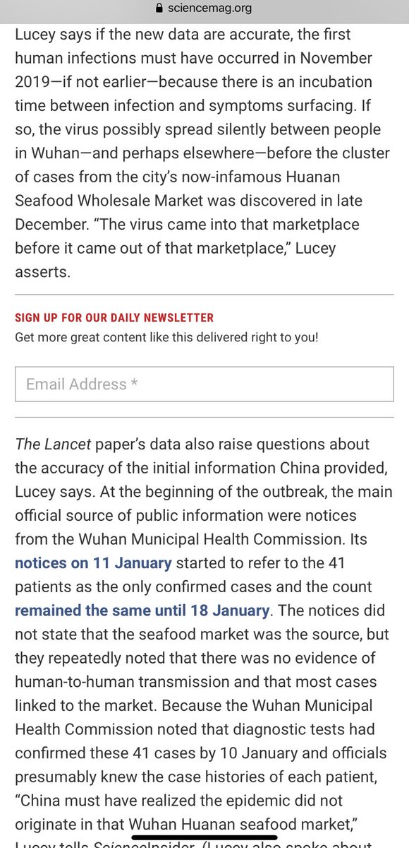 An infectious disease specialist Daniel Lucy at Georgetown University also reviewed the information that came out in Lancnet papers by Chinese researchers concluded that Human transmission of COVID-19 began in November 2019 much before cluster at Huanan Sea Food Market.