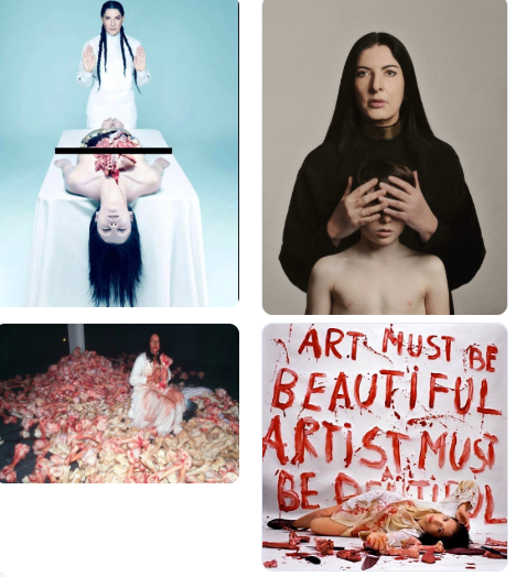 Marina Abramovic: Una “Artista” Serbia conocida como una Alta sacerdotisa del ocultismo. Rodeada de gente poderosa, es creadora de arte contemporáneo y bizarro, incluye sacrificios humanos, rituales satánicos, canibalismo, aborto, sangre y por supuesto… muchos niños. Lo normal.