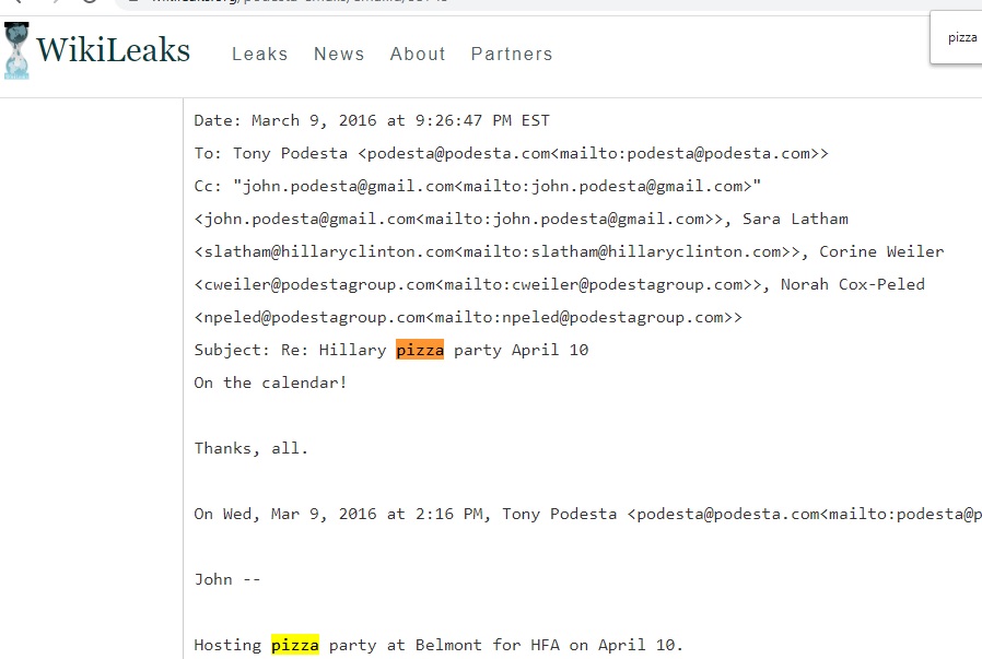 ) Ésta es una conversación entre varias personas del gabinete, se titula “Pizza party for Hillary”. Lo maás extraño, Podesta menciona el costo de $400 a $700 USD precio familiar. ¿Qué clase de Pizza costaría eso? ¿De qué hablan en realidad?