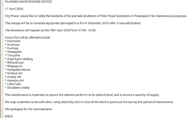 Citypowerjhb On Twitter Peterrd Plannedoutage Please Be Reminded Of Planned Maintenance This Morning Sunday The 19th April 2020 From 07h00 Until 15h00 Same Day Dr Https T Co Wrgx6z8etm