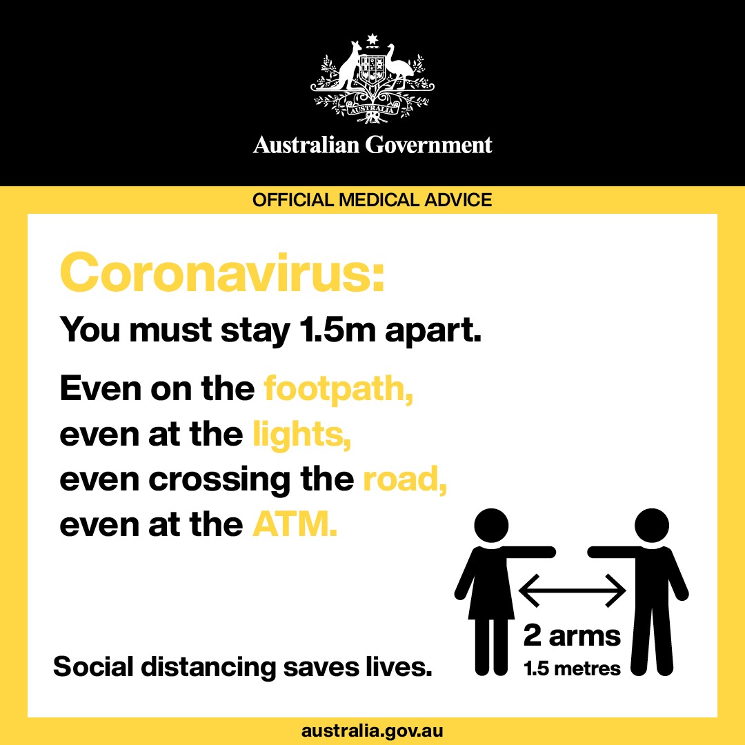 ausgov's tweet photo. No matter where you are going, it is important you keep a 1.5 metre distance between yourself and others to slow the spread of coronavirus (COVID-19).

Learn more about social distancing at https://t.co/rnvzJNnIuo

#covid19 #coronavirusaustralia https://t.co/f4syAIaYdi