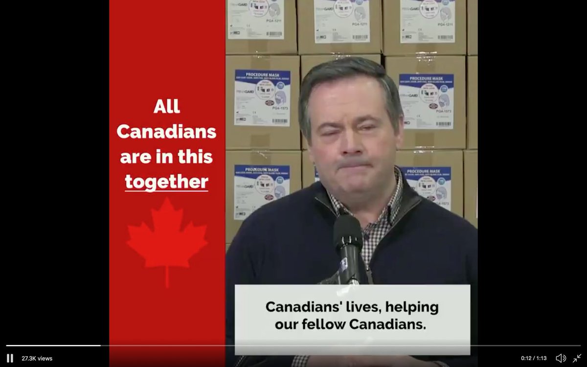 Here's a glossy promotional video and screenshots of Premier Kenney, with boxes of the known, respected, *good quality* Edmonton-made Pri-MED masks behind him (& magnified) & a box in the video, along with a screenshot from an auction website2/12 https://twitter.com/jkenney/status/1250067051944849409?s=20