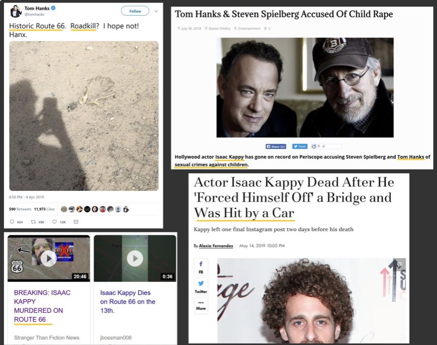 Después del periscope, el 4 de abril, Tom Hanks publicó en su IG ésta foto de la Ruta 66 con el pie de “Road Kill”. 40 dias después, el 13 de mayo, fue encontrado el cuerpo de Isaac Kappy justo en la ruta 66 que había fotografiado Hanks. ¿Qué posibilidades existen?