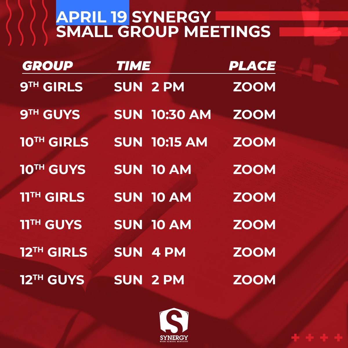 SynergyStudents's tweet photo. Can't wait for small groups tomorrow! Watch the livestream at 9:30 or 11 AM with your family then catch the Gospel Project lesson and get ready to discuss with your group! https://t.co/x11gVNKqUf