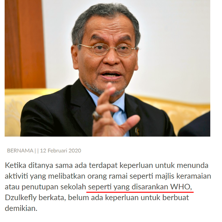 NajibRazak's tweet photo. Dzul TANYA PM8 (bekas Menteri KDN):

Kenapa PDRM luluskan perhimpunan Tabligh?

Dr Dzul JAWAB pada 12 Feb (sehari sebelum PDRM lulus tabligh)

"Tiada keperluan tunda aktiviti yg libatkan orang ramai seperti majlis keramaian seperti disarankan WHO"

Dr Dzul dah lupa? https://t.co/aWUc3ZdS8n