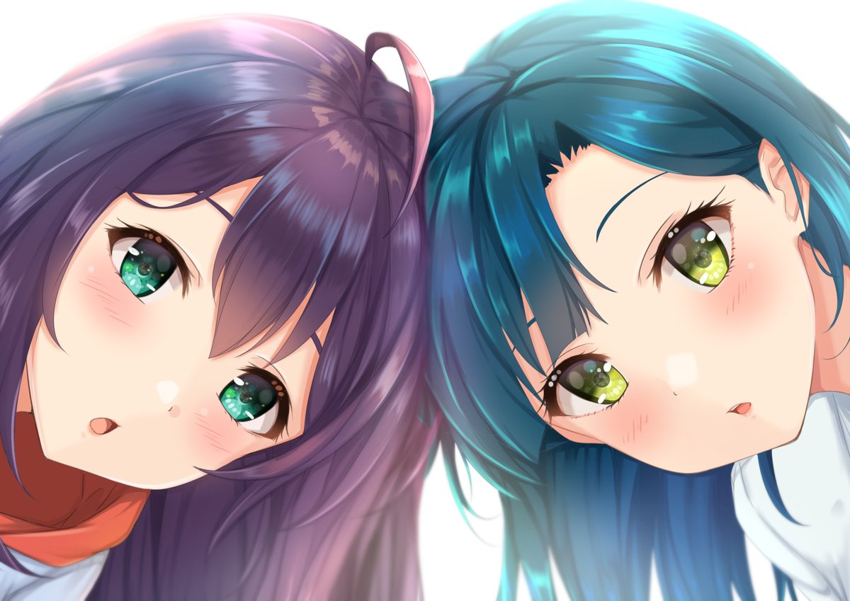 mochizuki anna ,nanao yuriko multiple girls 2girls blue hair long hair green eyes looking at viewer purple hair  illustration images