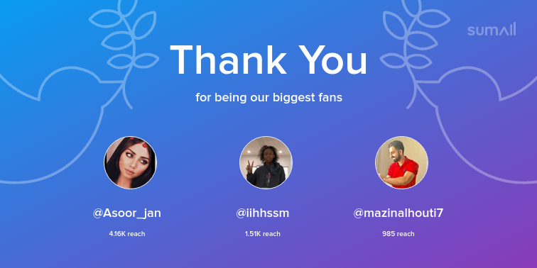 Our biggest fans this week: Asoor_jan, iihhssm, mazinalhouti7. Thank you! via sumall.com/thankyou?utm_s…