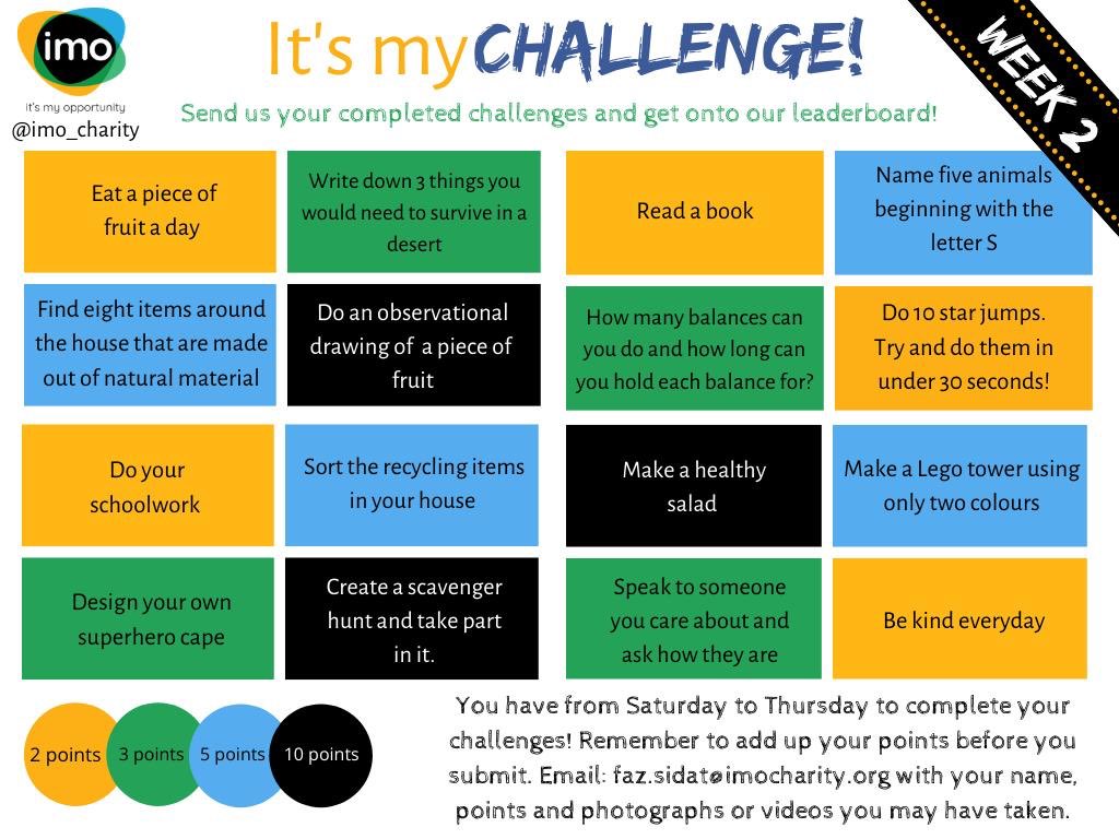 imocharity's tweet photo. Thank you for taking part in our #TheChallengeGrid are you all ready for the this weekโs challenge? #StayHomeSaveLives #COVID #SocialDistanacing https://t.co/N4DYmzZzXt