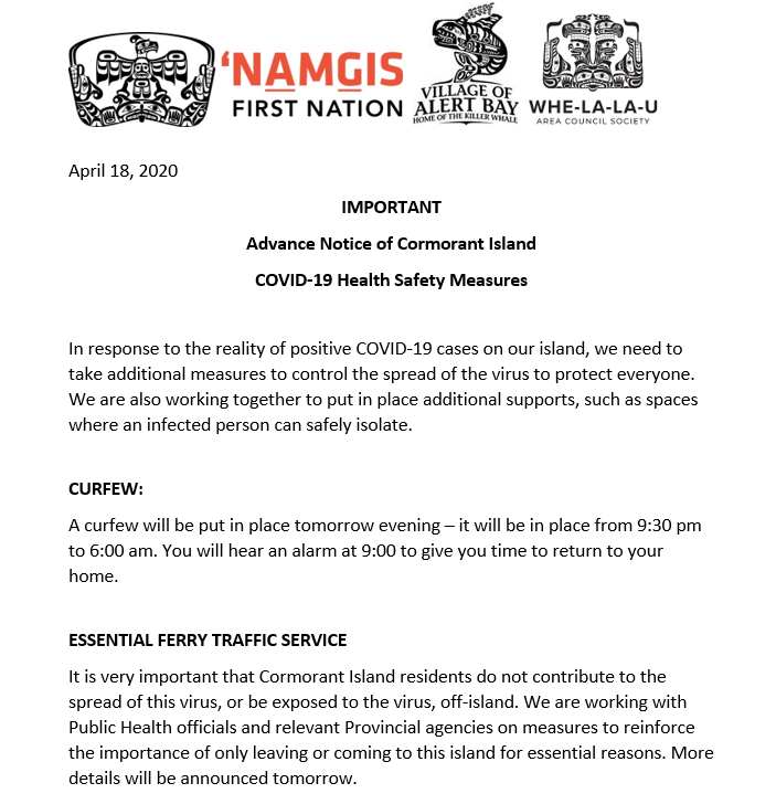 pieglue's tweet photo. Alert Bay has declared a local state of emergency due to a cluster of #COVID19 cases. A release from 'Namgis says a curfew will be going into effect starting tomorrow. https://t.co/q3RVRmMske