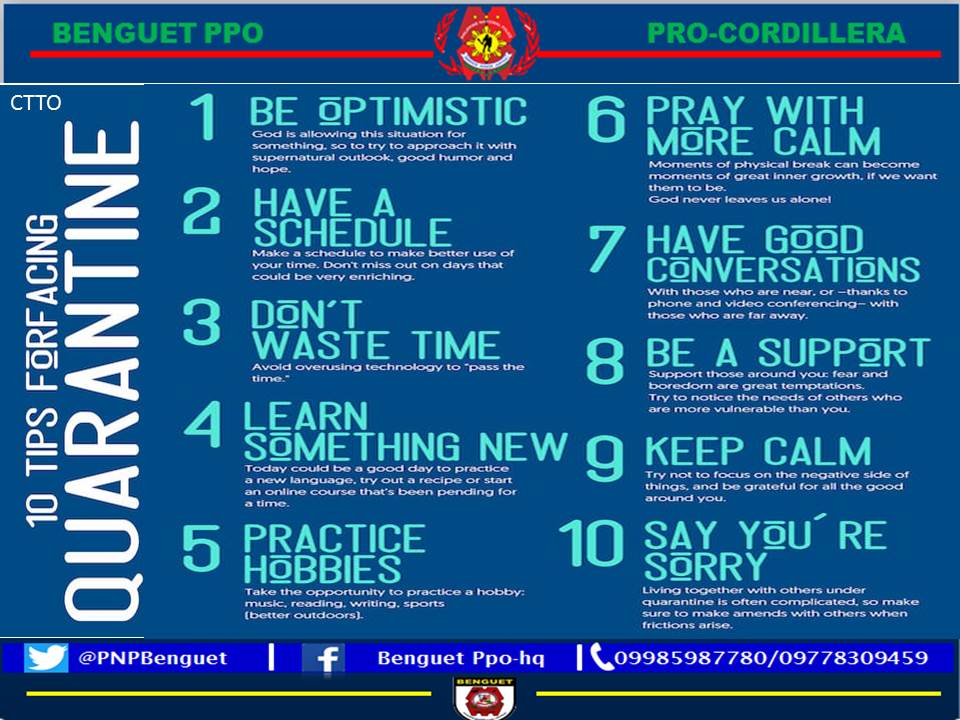 PNPBenguetPPO's tweet photo. Breezing through the pandemic.
Here are some tips 👇👇👇
#ProperUseOfTime
#QuarantineThoughts https://t.co/WEAQhp47fP