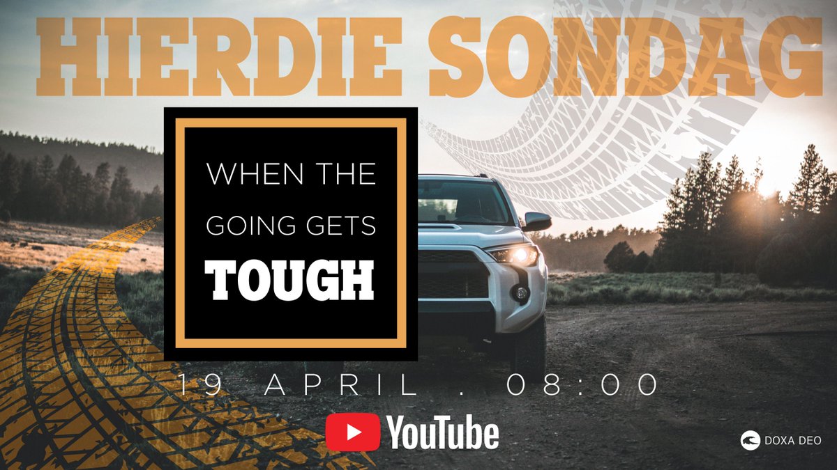 Woon ons diens saam met ons om  08:00 op Youtube by! Ons gesels oor "When the going gets tough..." Jy kan ook die preeknotas op YouVersion Kry.

Volg hierdie skakels: 
Diens op Youtube: buff.ly/3euJ8gd
Preeknotas op Youversion: buff.ly/2RP5Jub