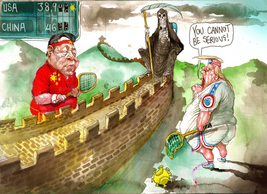 Xi and trump playing viral tennis at the Great Wall with the Grim Reapr as umpire
