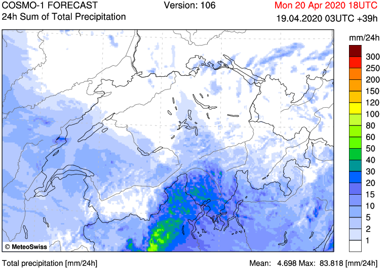 MeteoSvizzera's tweet photo. Lunedì piovoso? Finalmente! E l'ultima proposta di #Cosmo1 è addirittura un po' più generosa, anche se i quantitativi restano esigui. #MeteoSvizzera https://t.co/5TTzjVve4s
