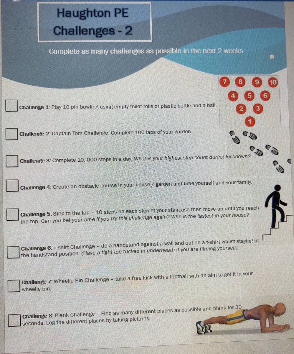 Here is the new PE lesson challenge list for the next 2 weeks... #havefun #PEatHome #TeamEV