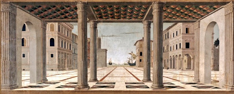 De ideale moderne stad, zoals verbeeld op dit beroemde Italiaanse Renaissance triptiek is gelaagd, verbonden met het landschap en vrijwel zonder mensen...