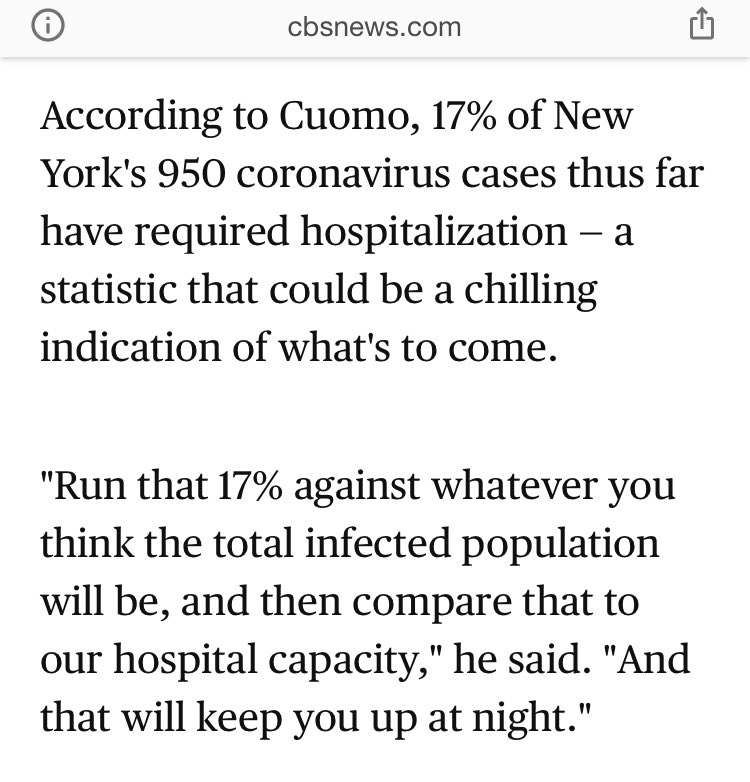 Cuomo semi-closed NY in large part because he assumsed (see below from March 15) that 17% Coronavirus cases need the hospital and a nice few percent need the ICU. It is clear for many days that those hospital/ICU numbers are way lower. Corona is an issue so we can’t yet go back