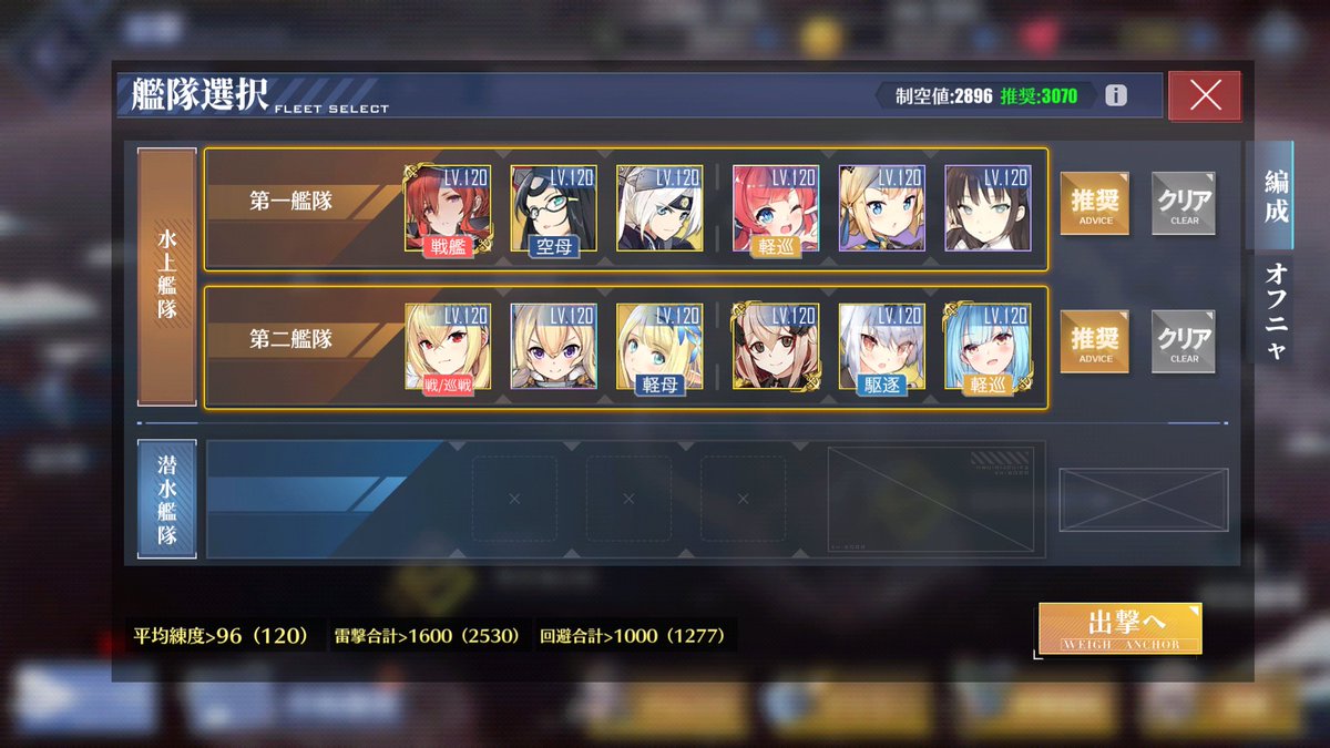 三塚ハル アズールレーン ハード11章攻略のための艦隊 13章12の安全海域化に使った艦隊を流用して編成しました