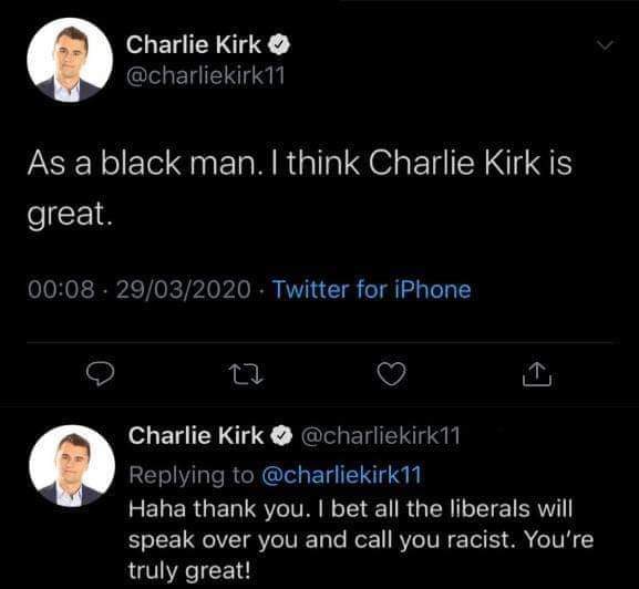 ANeonGreenCity's tweet photo. Charlie Kirk forgot to change accounts before pretending to be a  black dude complimenting himself. https://t.co/eL9IWkPbVC