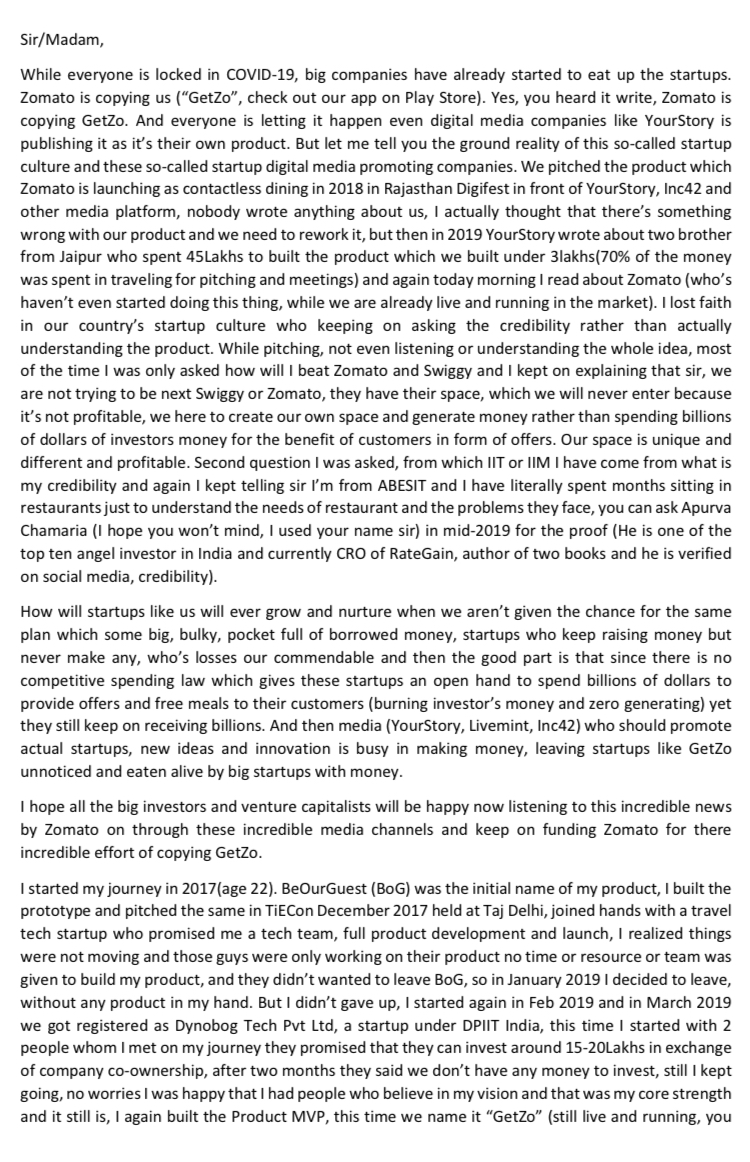 dynamicvikram's tweet photo. Zomato is copying us(@imgetzo). You can copy us but you can't copy our soul. Attached in an open letter to all the Media, Investors and big startups and Govt. of India. @DoC_GoI @Zomato @YourStoryCo @startupindia @Inc42 @livemint @TechCrunch @techinasia https://t.co/TlFvX4J50Z https://t.co/0WPEqBp6dB