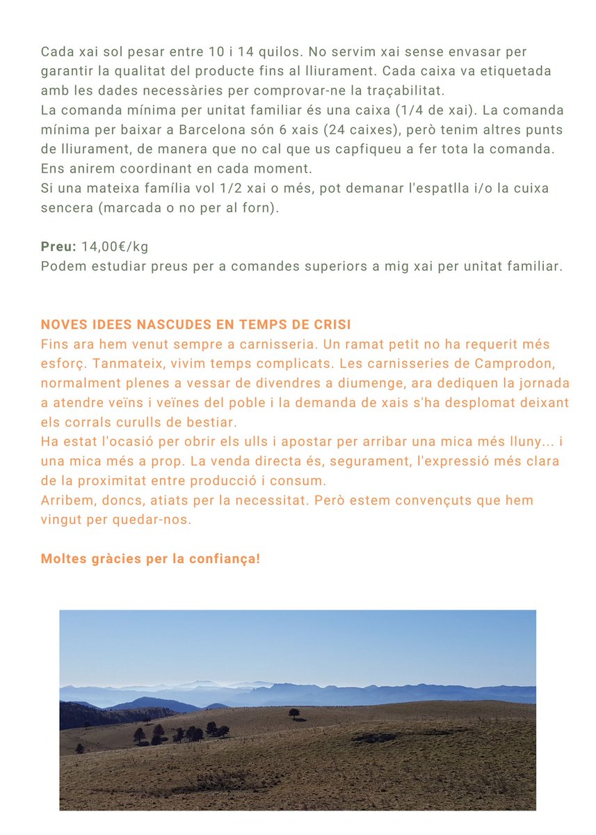 Obrim línia de venda directa de xai ecològic del Pirineu. Si no pots venir a comprar-ne o a menjar-ne, te'l portem a casa (zona de Barcelona)! #xaieco #vendadirecta #consumresponsable #km0 #productedeproximitat