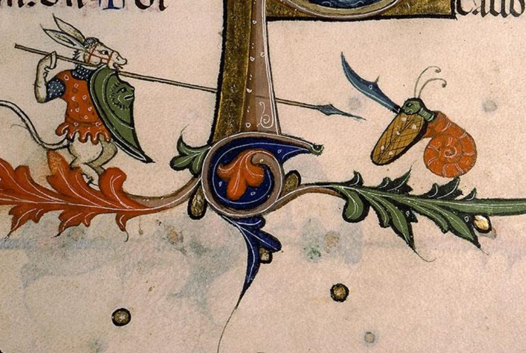 The theme seems to have originated in northern French manuscripts, then spread to English and Flemish manuscripts. Snail combat was everywhere (in manuscript margins) at the start of the 14th-century. Then it just died out.(Paris, Bibl. Sainte-Geneviève, MS 0143, f. 179v)