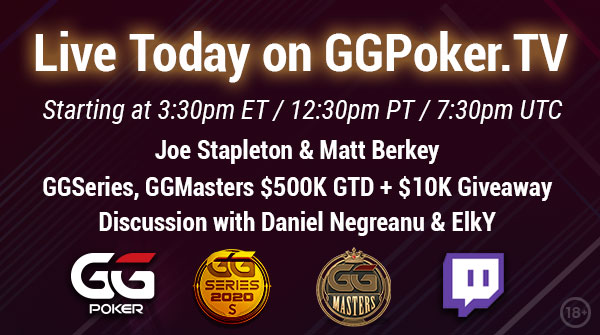 GGPoker's tweet photo. IT'S #GGMasters DAY!

$500,000 GTD Prizepool ✔️
Action STREAMED ON https://t.co/X3UnNaT2qg ✔️
Loads more GIVEAWAYS ✔️

and...

GUEST COMMENTARY FROM @RealKidPoker &amp; @elkypoker who might be telling us about his BIG WIN in last nights #GGSeries $1,000 buy-in event 🍾💰 😍 https://t.co/I8ZrerxHln