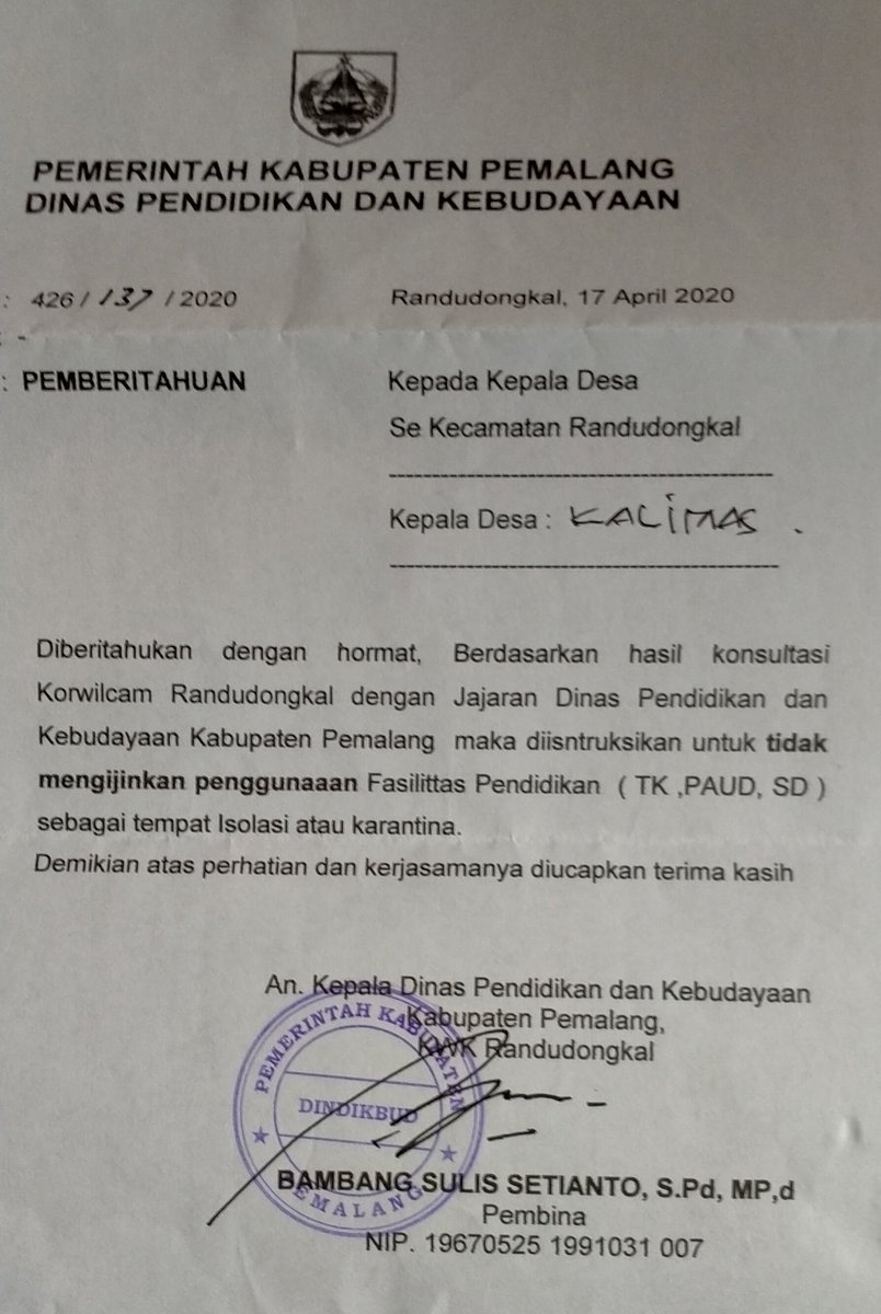 Ketika Pemdes harus tanggap cegah Covid -19 Masih ada pihak yg tidak suport ,ijin pinjam gedung SD yg notabene sudah di merger untuk persiapan rumah isolasi pun ditolak 
Aku kudu piye pak Gub <a href="/ganjarpranowo/">Ganjar Pranowo</a>  Pak Bup <a href="/pakjunaedi/">Junaedi</a> 
Matur nuwun
#daridesalawancorona