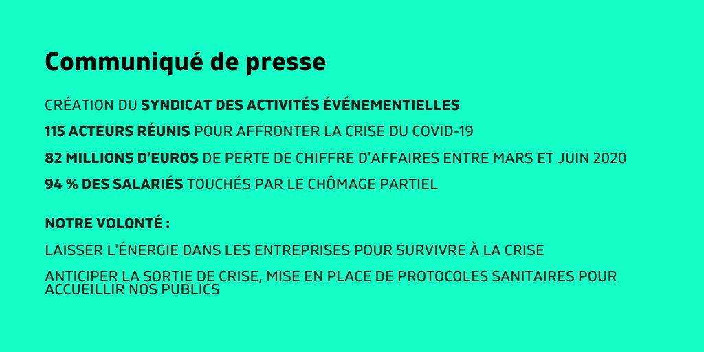 Communiqué de presse : les acteurs de l’événementiel se fédèrent et créent le SYNDICAT DES ACTIVITÉS ÉVÉNEMENTIELLES ➡️ faire face à la crise du Covid-19 ➡️ inventer une nouvelle façon d’accueillir les publics pour l'après confinement. En savoir ➕ :  bit.ly/3clTgpU