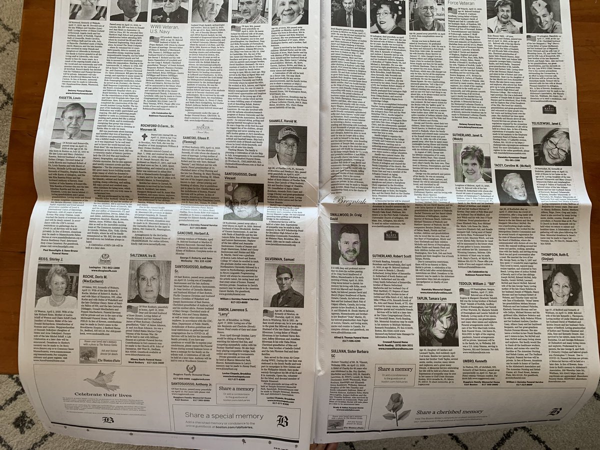 15 pages of obituaries in The Boston Globe today.