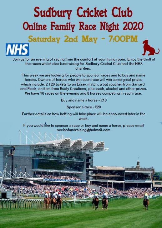 SudburyCC's tweet photo. 🚨Announcement 🚨 

We will be holding out first ever online race night raising money for @SudburyCC and the NHS charities

Please help support what should be a great evening!

#StayHomeSaveLives https://t.co/Af4mpULdCX