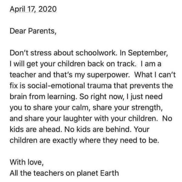 Although I didn’t write this, it’s worth the share. Perfectly stated and an important reminder to all of the parents out there. We see you, we are here for you....we are going to be ok. #WeAreBethpage <a href="/KLSBethpage/">Kramer Lane Elementary</a> <a href="/BethpageUFSD/">BethpageUFSD</a>