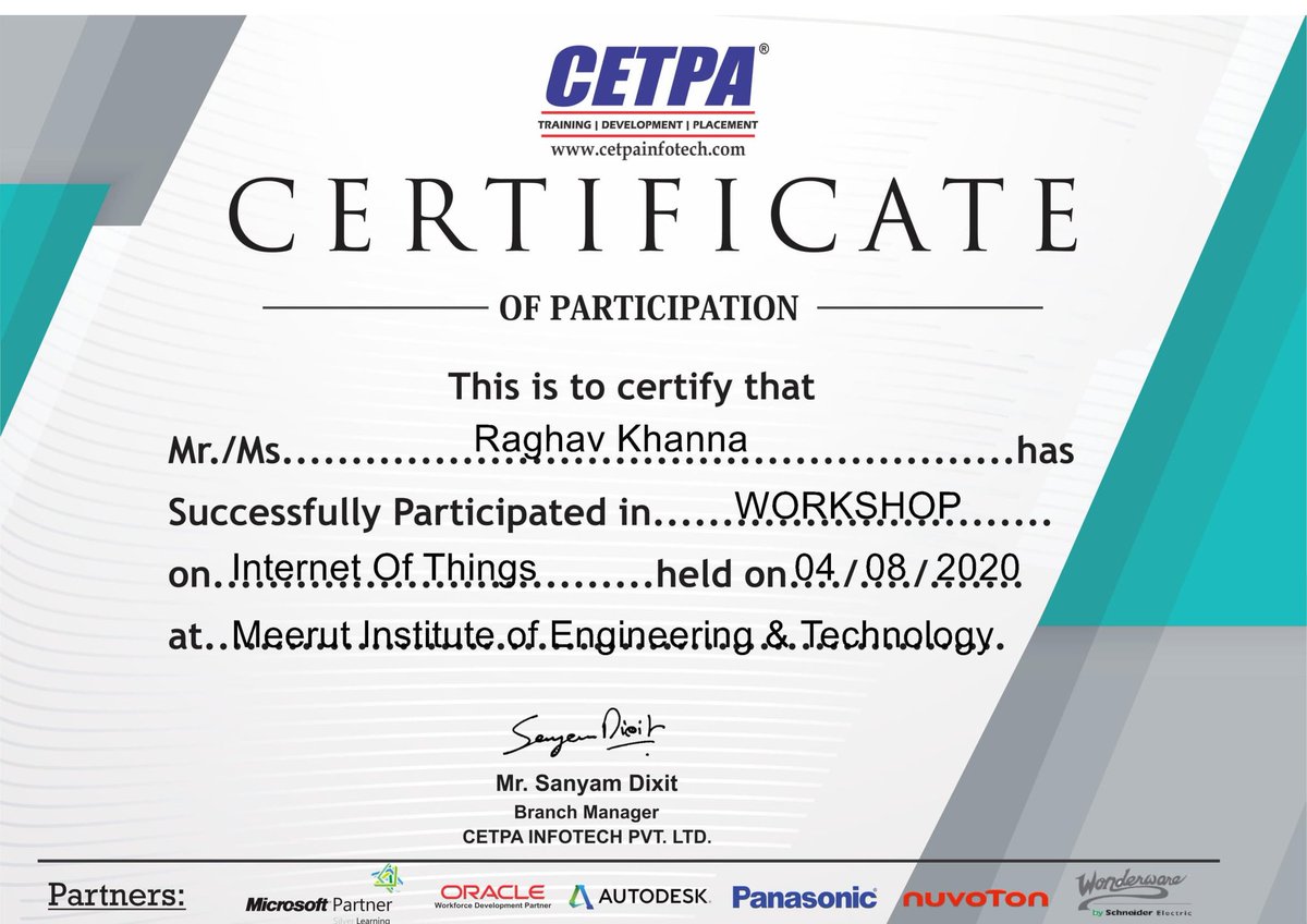 erRaghavKhanna's tweet photo. #cepta #knowlege #learning
@CeptaEmpren #iot #workshop #lockdown #certificate #workshop @MicrosoftEDU @Oracle @autodesk https://t.co/CAXcXKuRH5