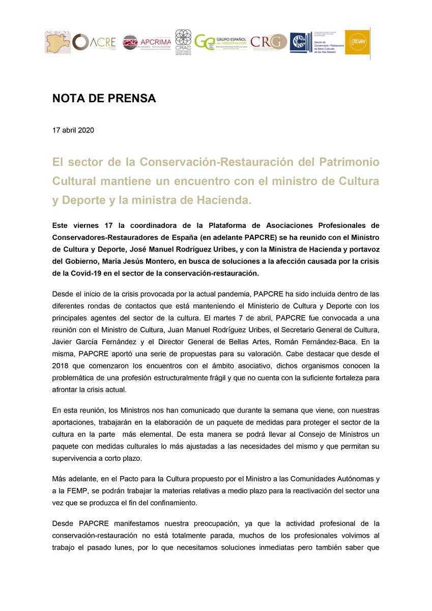acrcyl's tweet photo. Compartimos con vosotros la NP que  #PAPCRE ha mandado a los medios tras la reunión de ayer con el ministro de Cultura  y la ministra de Hacienda.C.@culturagob @Haciendagob @A_CR_E @asociacion_crg @ACYRA @GE_IIC @acrcyl @CR_Balears @ConsRestACat APCRIMA. https://t.co/zKZkTYk8Jd