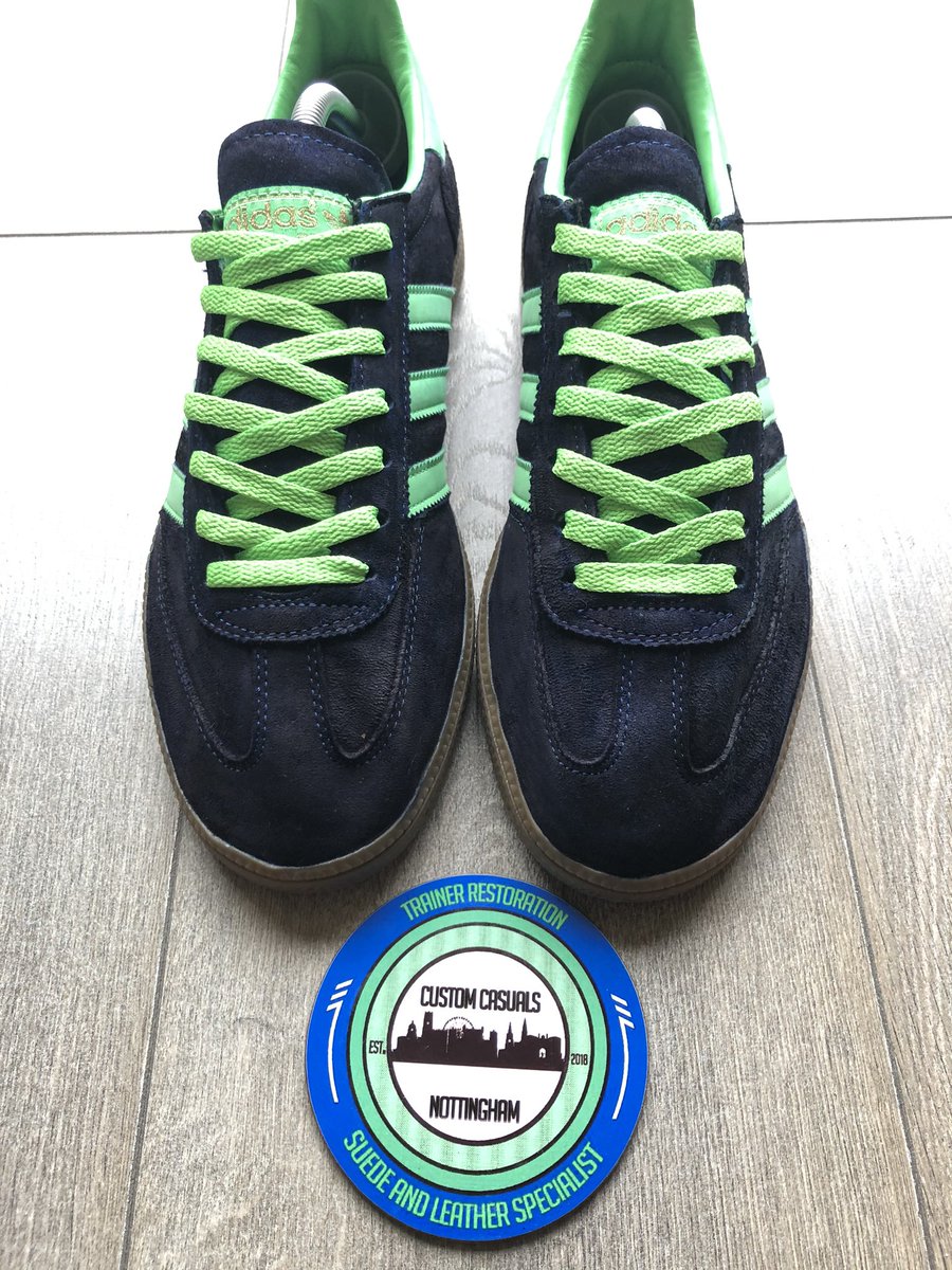 custom_casuals's tweet photo. These faded and tired Spezial were sent by @bowker74 for a custom! deep cleaned and redyed in navy with a light green lace change these look very distinctive! 👟🧼🍋🎨✅ love this combo😍 @Original_Sole_ @adiFamily3 @theSPZLblog @Nottinghasm @nottingham @DanWestwell @MrPeepsSays https://t.co/FRkL7ouPlZ