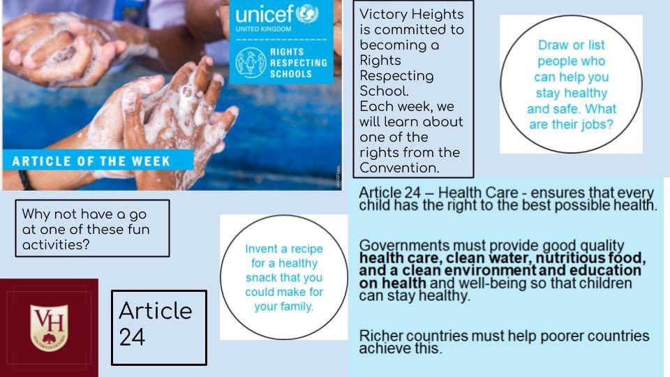 VHPS is actively continuing its journey to becoming a Rights Respecting School. Each week, we will share one article from the Convention on the Rights of a Child. This week, we are looking at article 24. <a href="/UNICEF/">UNICEF</a> 
#VHPSthelittlethings #VHPSCares