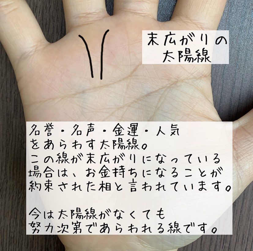 まいこ 前向き応援手相家 お金持ちが約束されている手相 太陽線の終点が 末広がりになっている人は お金持ちになれる可能性が非常に高い人です 太陽線は 若い人はまだあらわれていない人が多いですが よく見ると うっすらあったりします