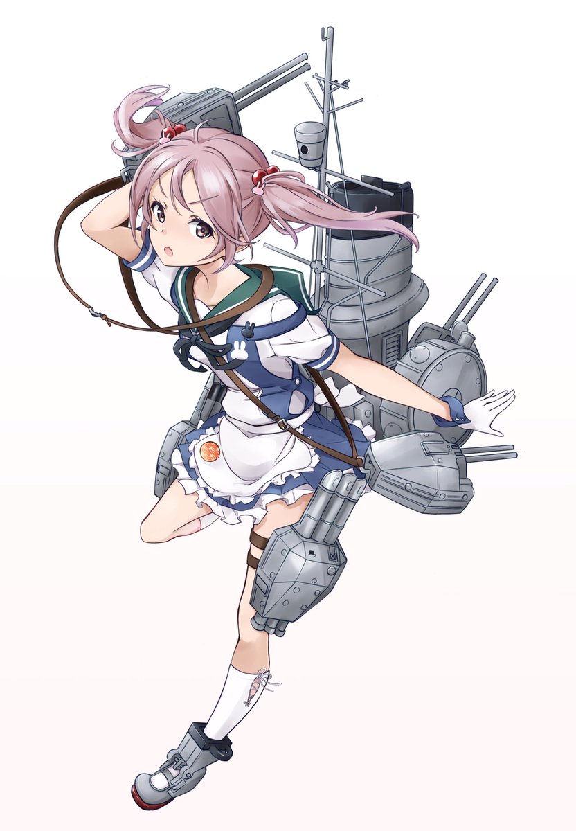 sazanami (kancolle) 1girl pink hair solo twintails hair bobbles hair ornament apron  illustration images