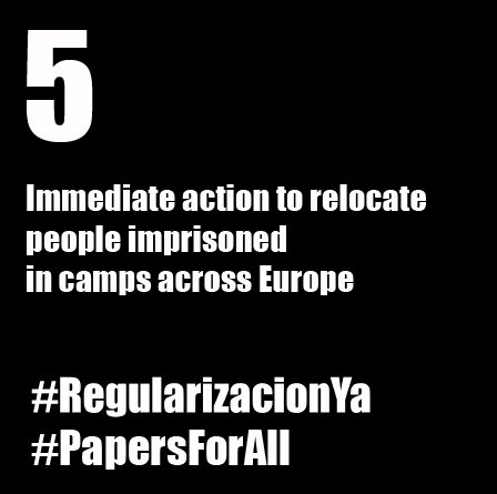 Exigimos la regularización de las personas #migrantes en España, la desaparición de #CIES y #CETIS, y la relocalización de miles de #refugiadxs hacinados en zonas de fronteras de la #UE.

#RegularizacionYa
#PapersForAll