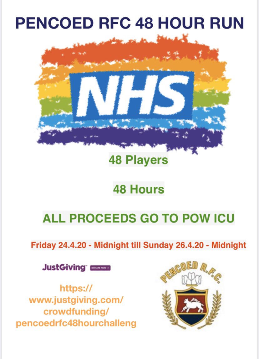 Please could everyone RT and share this. @pencoedrfc are doing a 48 hour charity run to raise money for the @NHSuk any donations would be appreciated. justgiving.com/crowdfunding/p…