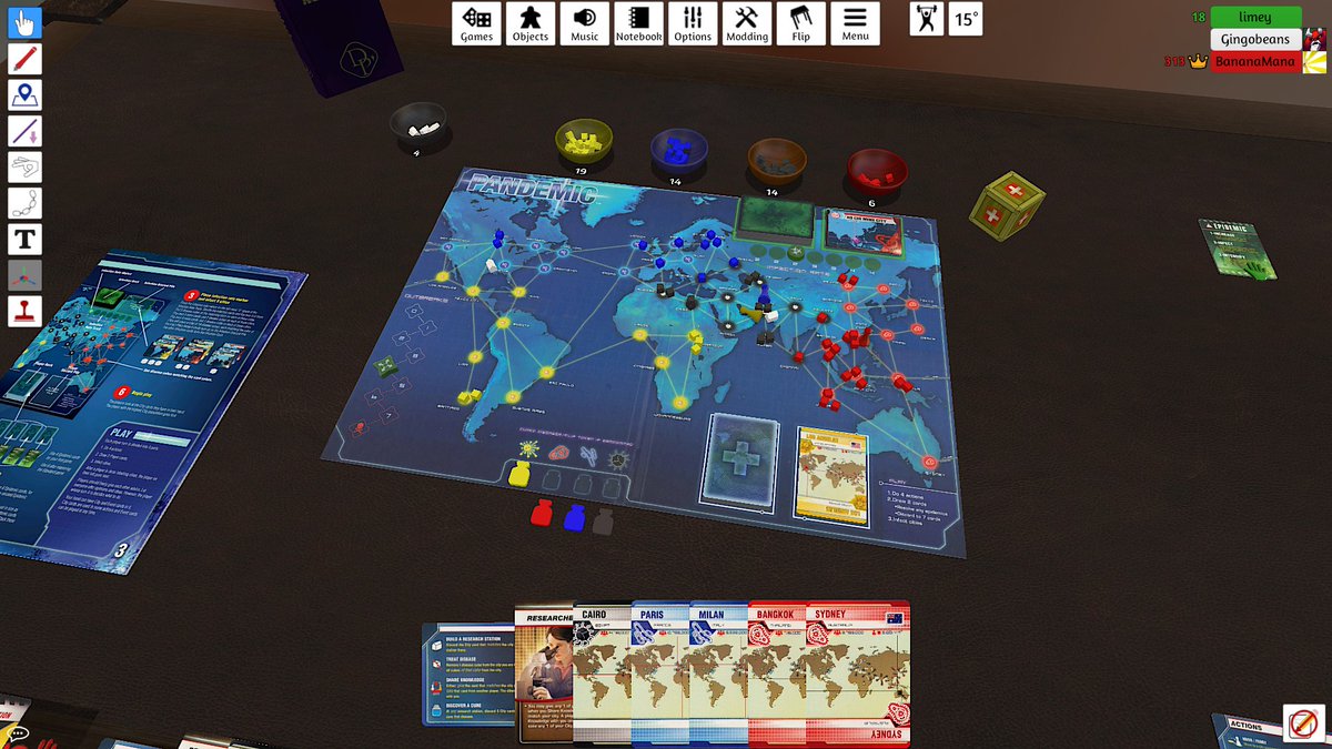 GingoGames's tweet photo. Playing some Pandemic this morning with my brothers - love this game, we live far apart but allows us to chill as a family and play some games. Thanks @BerserkGames for table top simulator! https://t.co/RW0Z8JSgJU