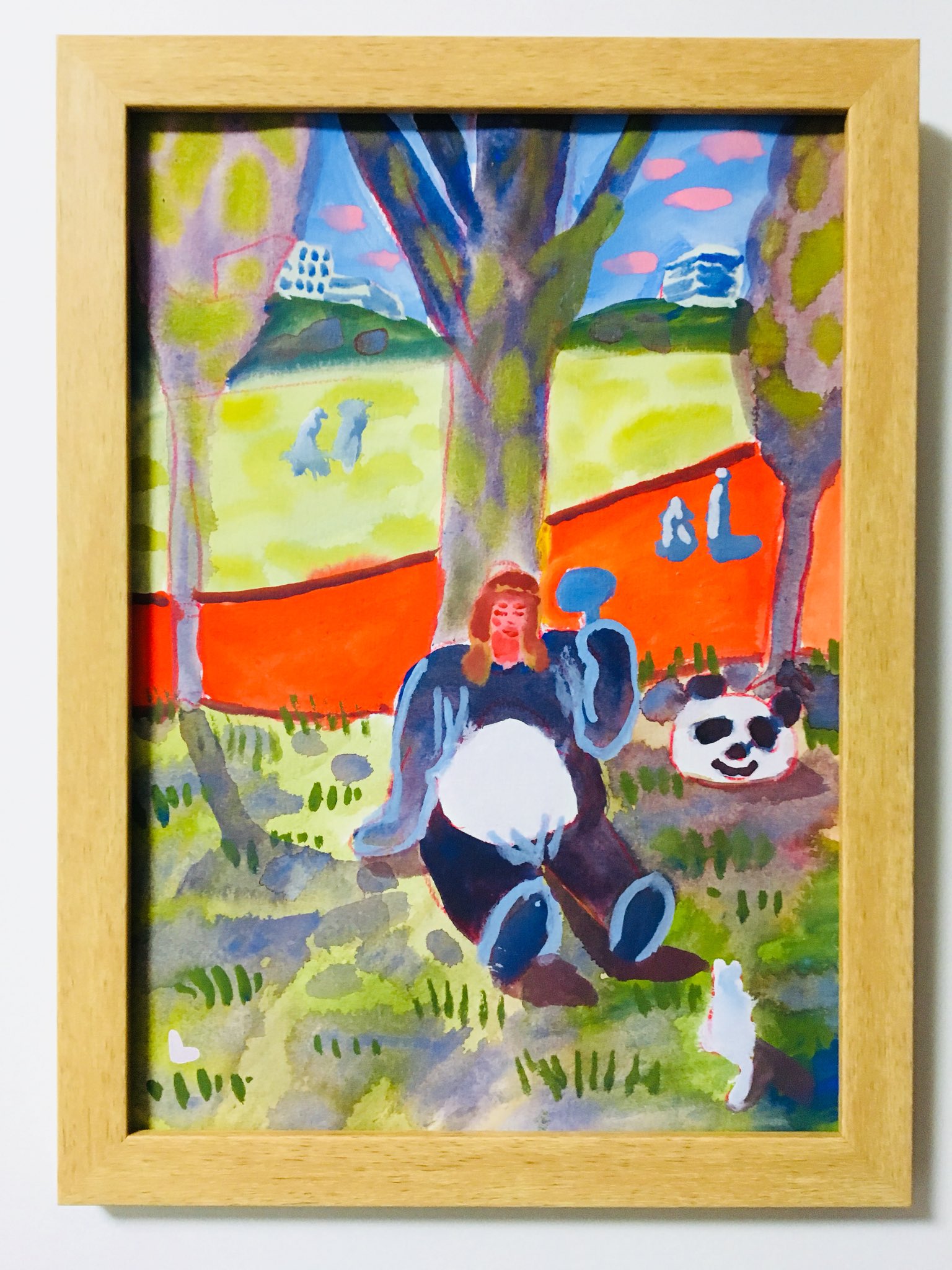 Lioncider 木陰で休んで 暑い暑い Illustration Drawing Costumedcharacter Panda Rest Roundfan Shade Tree Image Art Colorful Acrylicpaint Picture Painting イラスト アート カラフル アクリルガッシュ 絵