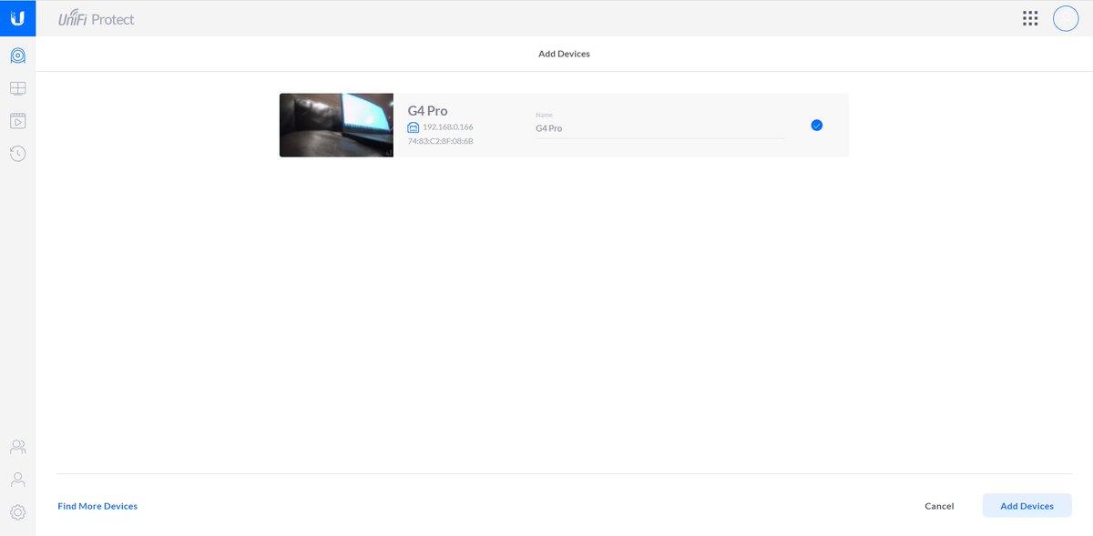 Back to the "Protect" app and it shows up as a new device that can be added. It's sitting next to me on the couch with my laptop and shows a snapshot of what it's seeing (I guess that's useful if you're adopting a heap of cams in different places and you want to name them).