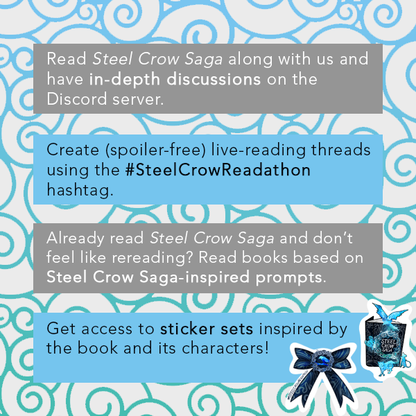 shutupshealea's tweet photo. From today until May 31, join us in #SteelCrowReadathon 2.0!

💙 Read Steel Crow Saga along with us
🖤 Pick up new reads based on SCS-inspired prompts
💙 Chat with us on Discord: https://t.co/jF9QWtKuHh
🖤 Use #SteelCrowReadathon in your tweets

More details in the photos below: https://t.co/epupWe8DhC