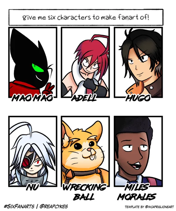 Well, I finally did it! BEHOLD, SIX CHARACTERS!
#SixFanartsChallenge #SixFanarts #sixfanart 

Special thanks to:
@LarryMoments4 - Mao Mao
@AsagiMasmec - Adell
@Doplhin_Enjo - Hugo
@EthanCilfreu - Nu
@InfinityC7 - Wrecking Ball
@itsybitsytobi - Miles Morales 