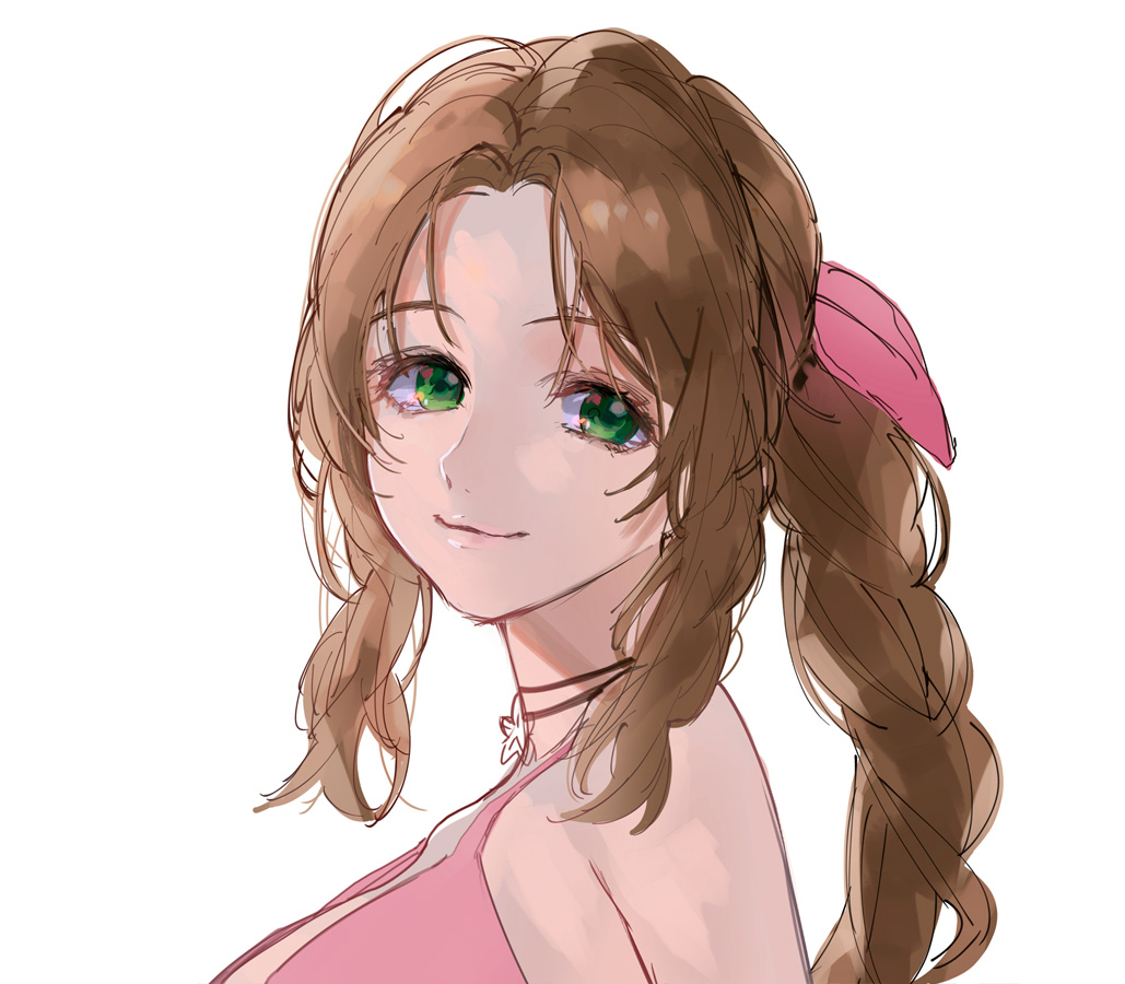 aerith gainsborough 1girl solo green eyes brown hair white background parted bangs choker  illustration images