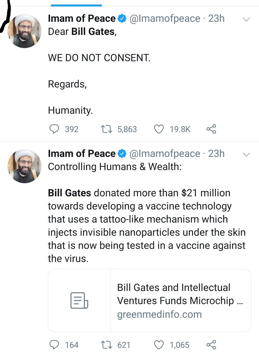 9/ Here is imam of peace (mohammad tawhidi) claiming "we" do not consent to nanoparticles under the skin (another highly conspiratorial trope). I am curious as to who Imam of peace is speaking on behalf of, his flock of mostly right wing Christians?  #COVID19