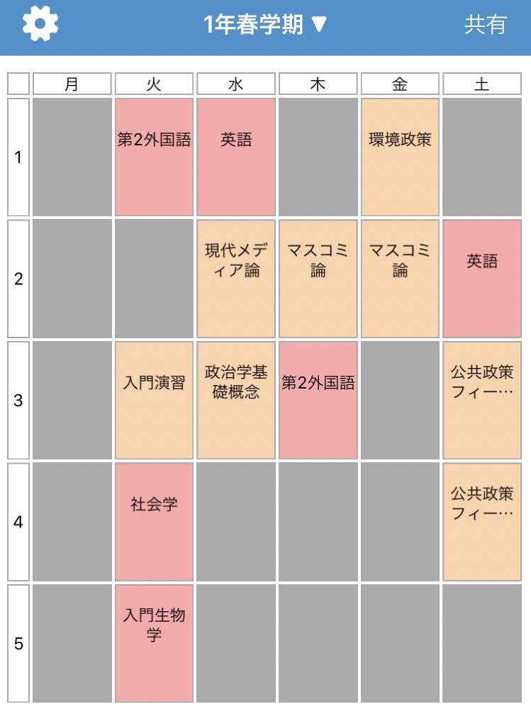 法政大学法学部政治学科裏シラバス Twitter પર 中の人の1年生の時の時間割です 現代メディア論とマスコミ論の教授がいない 公共政策フィールドワーク 年間6単位 も今年ないので あまり参考にならないかもしれません T Co Sgs7fcssc6 Twitter